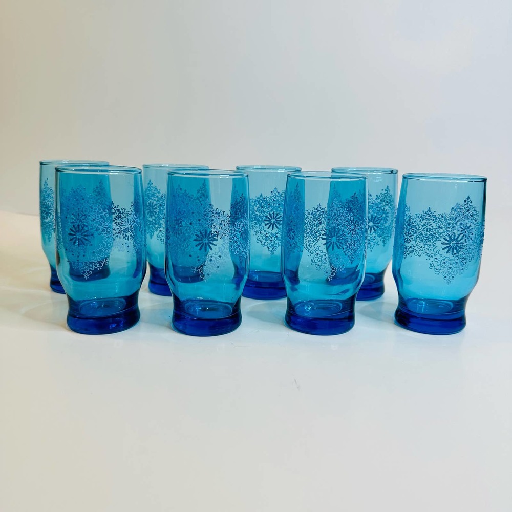 Vintage Anchor Hocking Blue Juice Glasses Set of 8 VTG 70s